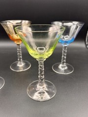 Vaseline Twisted Stem Cordial Glasses, Set 0f 4, 5″ Tall Pink Blue Green Amber