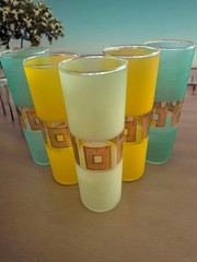 5 Vintage MCM Highball Bartlett Glasses Gold Guild Pastel Color