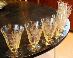 Vtg Set 8 LA FLEURE YELLOW 4.75″ Etched FOOTED TUMBLERS Glass TIFFIN FRANCISCAN
