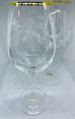 2 Vintage Etched Glass Atomic Star Burst Wine Glasses MCM Czech Gold Tone Trim