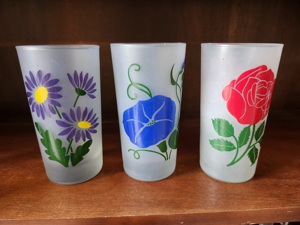 Set of 3 Vintage Libbey Frosted Glass Hand Painted Flower Glasses Tumblers