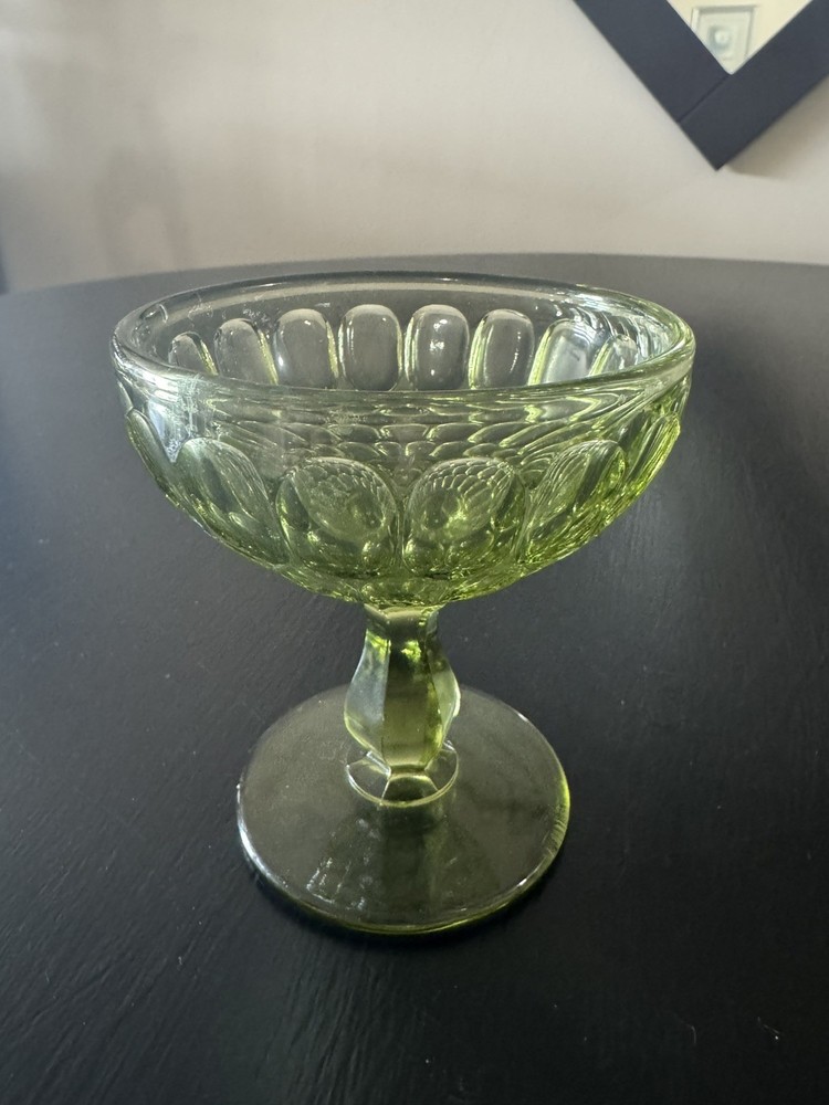 Fenton Colonial Green Sherbet Glass. Thumbprint Pattern, 6-Sided Stem, #FNT300