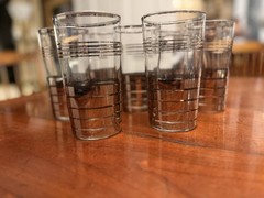 7 Vintage Mid-Century Modern Glass Silver Striped High Ball Tumblers 5 .5 X 2.5”