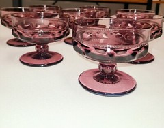 8 MCM Indiana Glass Kings Crown Thumbprint Plum Amethyst Sherbet Compotes