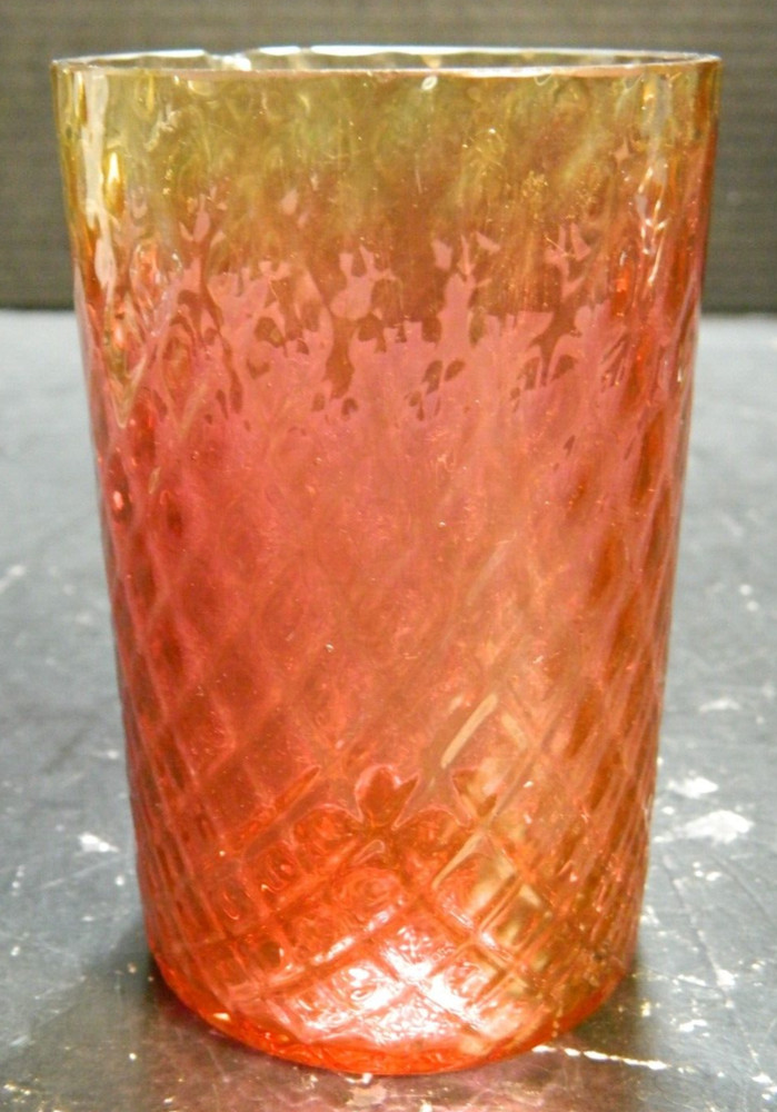 Antique Hand Blown Quilted Diamond Amberina Glass Tumbler 4.13″x2.75″ Very Good