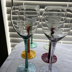 6 Vintage Etched Glass Wine Glasses With Different Color Stems Beautiful