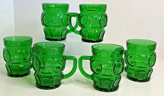 Vtg Set 6 MCM Wheaton Bullseye Handed Mugs EMERALD GREEN Starburst Bottom