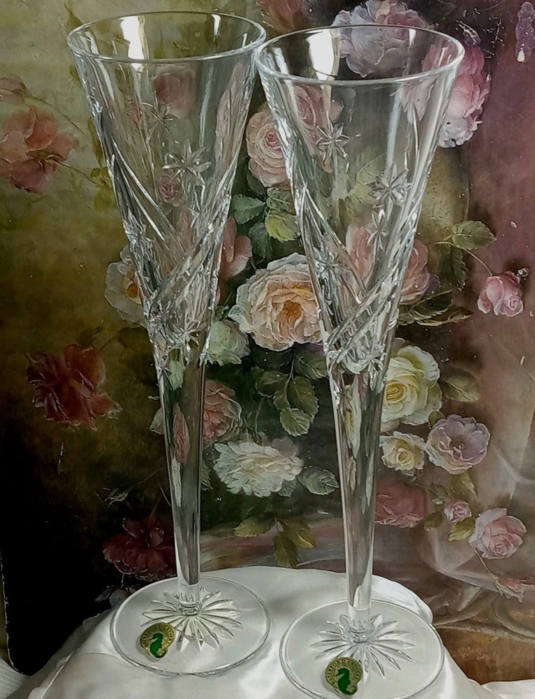 Rare NIB~PAIR Waterford Crystal *Wishes* Toasting Flutes, *Achievement* 139906