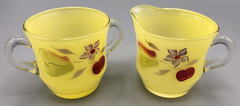 Yellow Glass Creamer & Sugar Set Hand Painted Fruit Flower 1950s Vintage MCM