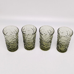 Aztec Juice Glass Tumblers Set of 4 Olive Green Textured Crinkle Libbey VTG