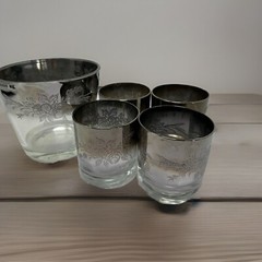 Vintage MCM Queen’s Lustreware 4 Lowball Glasses & Ice Bucket Silver Fade