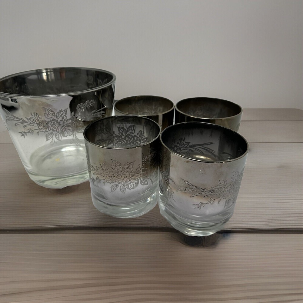 Vintage MCM Queen’s Lustreware 4 Lowball Glasses & Ice Bucket Silver Fade