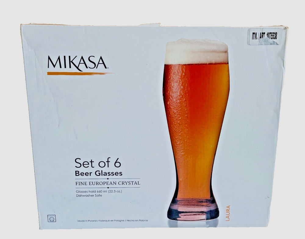 6 Mikasa CRYSTAL BEER GLASSES NEW IN THE BOX 22 Oz