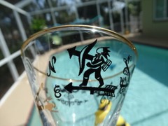 Libbey Glass Curio Liquor Cocktail Glass Rooster Cherubs Weather Vanes Stem 3004