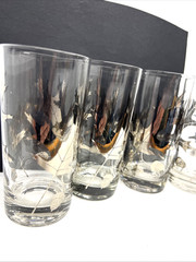 Silver Oak Leaf & Acorn Gold Guilt High Relief High Ball Glasses MCM 4 Vintage
