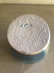 Handmade Pottery Cup Tumbler Embossed Crown Crackle Glaze Signed Jennifer MINT