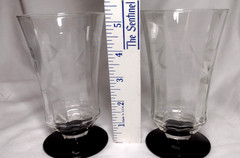 Vtg Black Amethyst Footed Clear Top 8oz Tumblers with Etched Floral Design