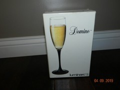 Set of 4 Luminarc France Domino Black Stem FLUTE Glasses 6 oz Unused in Box
