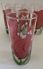 Set 5 VTG Federal Glass Gloria Vanderbilt Pink Tulip Drinking Glasses Tumblers