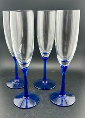 Vintage Set Of 4 Libbey Domaine Cobalt Blue Petal Stem Champagne Flutes 10″