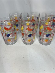 Vintage Set of 6 Tumblers Red Windowpane Assorted Fruits Glasses Retro MCM 4.25”