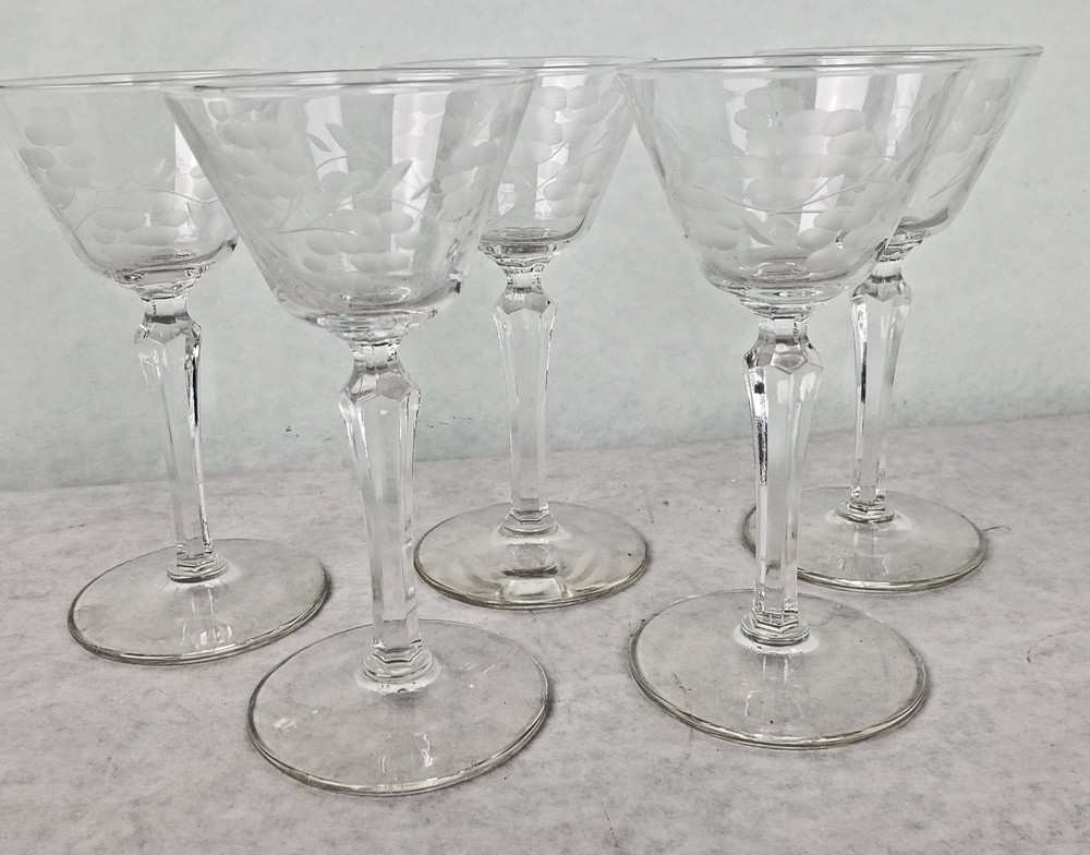 Set of 5 Vintage 60’s Etched Crystal Cocktail Glasses 5.75″ Tall