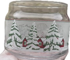 Glass Drinkware Winter Holiday Scene Snowy Trees Red Houses Clear