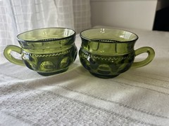 Set Of 2 Avocado Green Kings Crown Thumbprint Handled Punch Cups Vtg