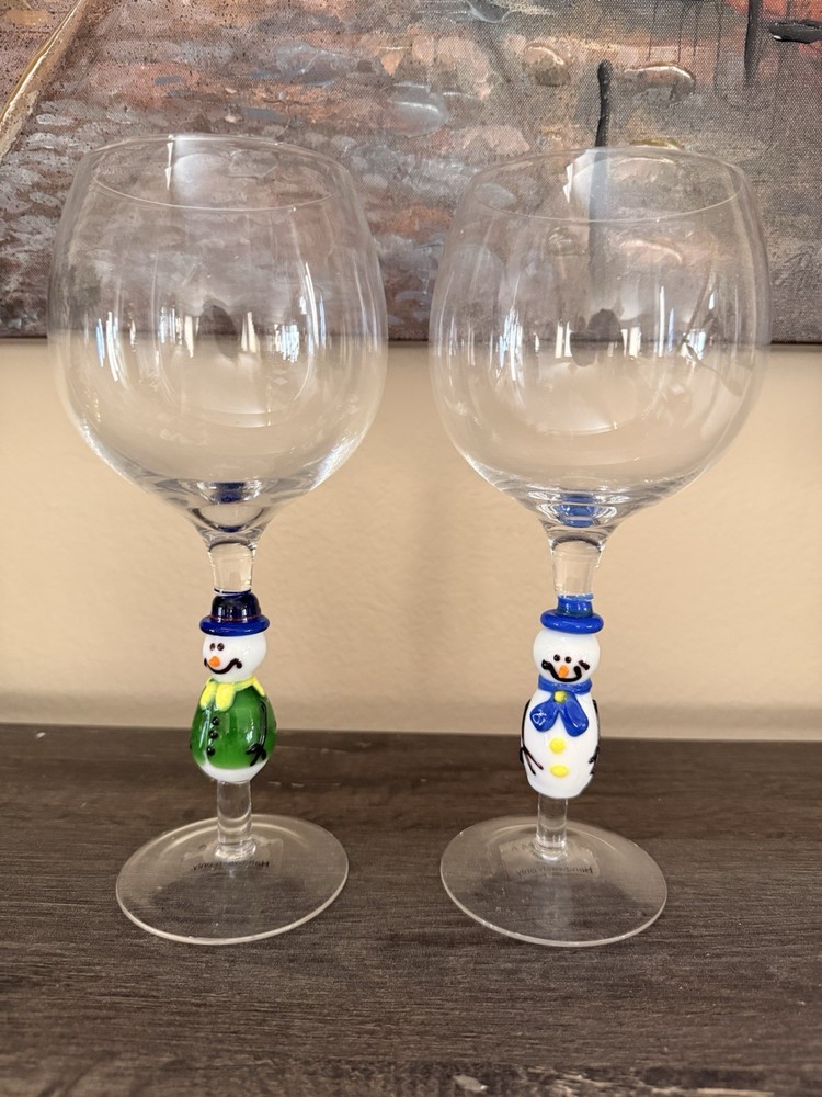 Hand Blown Art Glass Christmas SNOWMAN Stem Goblets Set Of 2 Colorful Holiday