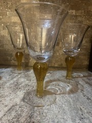 Lot of 4Vintage Large blown Glass flared wine goblets Amber bubble stem XL 14oz