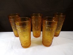 Set of 5 Indiana Tiara Amber Glass Sandwich Tumblers 6 3/8″ Tall