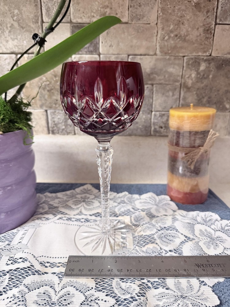 Ajka Red Cut To Clear Crystal Wine Glass Long Stem Hungary 24% PbO Decor