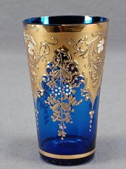 Bohemian Moser Type Hand Enameled Floral & Gold Scrollwork Cobalt Juice Glass B