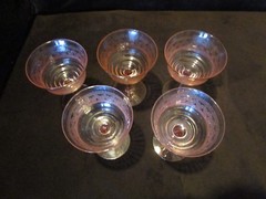 Antique HC Fry Glass Set 5 Pink Goblets Needle-Etch Ribbed Paneled 1920s