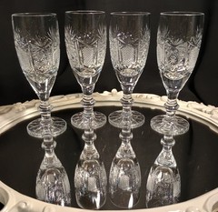 4 Fine Crystal Wine Glasses Goblets w/ Complex Hand Cut Pineapple & Pinwheel Set