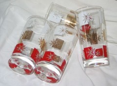 4 Vintage Atomic Starburst Drinking Glasses – Red White Gold
