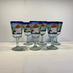 Hand Painted Mexico Blown Glass Wine Goblet Colorful Glasses