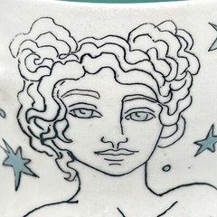 Michele Dross Ceramics Hand Made Art Pottery Mug Cup Woman In The Stars BluGreen