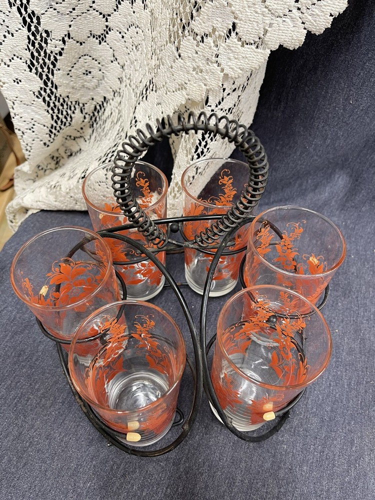 RARE MCM Mid Century Modern Art Deco 6 Tumbler Set with Wire Caddie