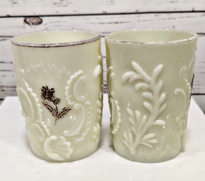 2 Antique EAPG Northwood Custard Louis XV Tumbler 1898 Ivory Glass Glows