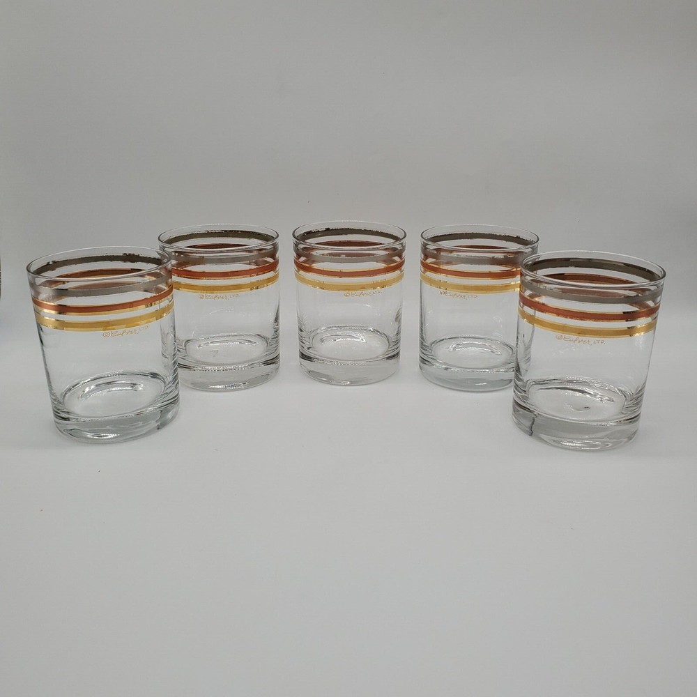 MCM Signed Culver Silver Copper Gold Band Double Old Fashion Glass set of 5