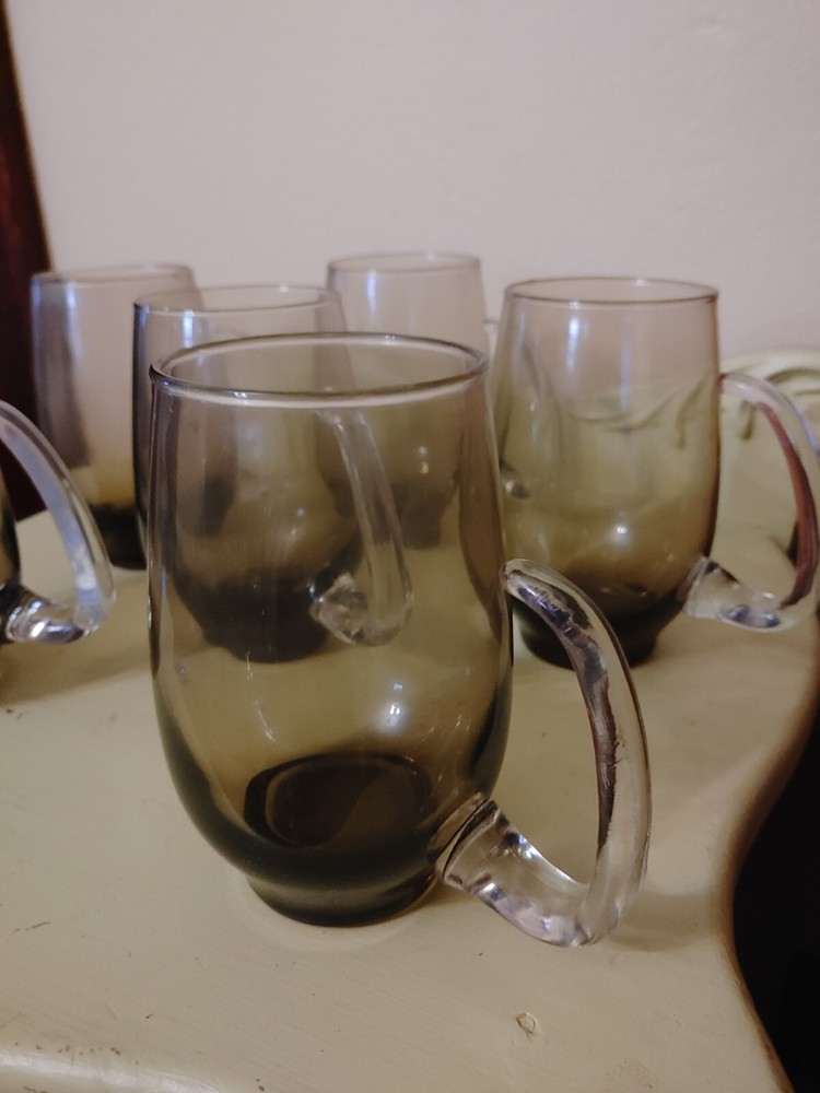 6 Vtg Libbey Tawny Smoke Tempo Accent Tankered Handled Beer Mugs