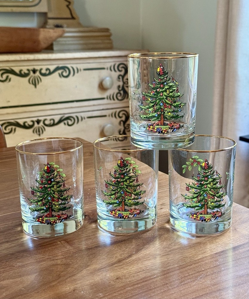 Vintage Spode Christmas Tree Set of 4 Double Old Fashioned Glasses 12 oz Holiday