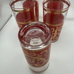Set Of 5 Vintage Signed Culver Highball Glasses Red 22k Gold Swirl 12 Oz MCM