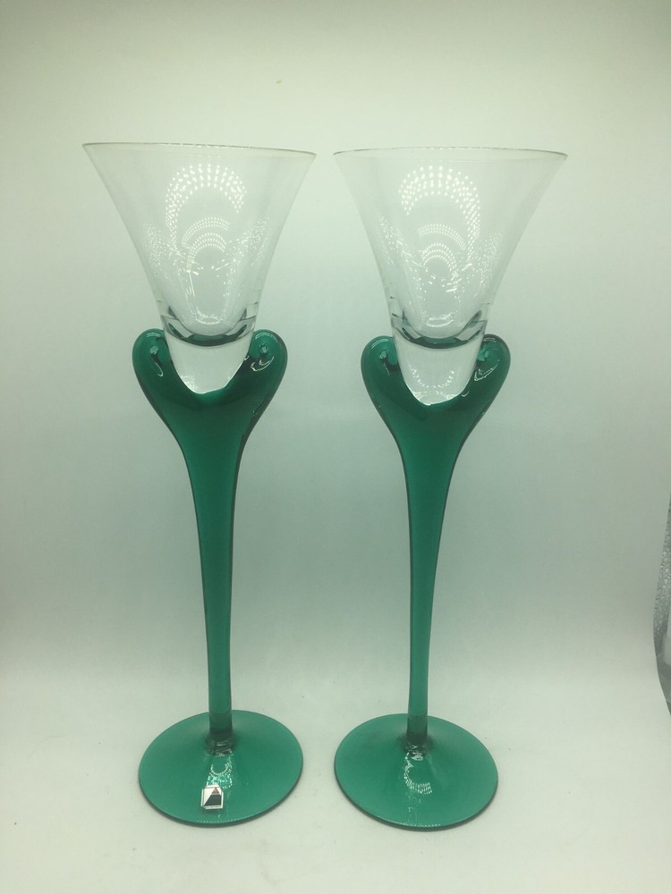 2 Long Stem Green Handblown wine Glasses from the Czech Republic