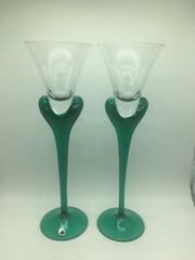 2 Long Stem Green Handblown wine Glasses from the Czech Republic