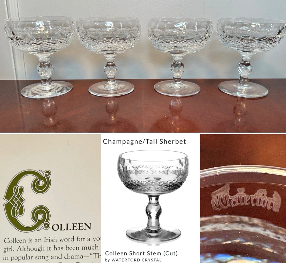 Set 4 Vintage WATERFORD CRYSTAL Colleen 8 oz. Champagne Sherbet Glasses IRELAND