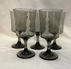 Libbey Smoke Gray Optic Swirl Water Goblets Set 5 Wine Glass Vintage MCM 1970s