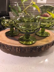 VTG Avocado Green Indiana Glass Kings Crown Thumbprint Dessert Goblet Set Of 4
