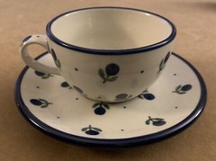 Polish Pottery (Ceramika Artystyczna) Cup & Saucer, Blue Buds Pattern-Hand Made